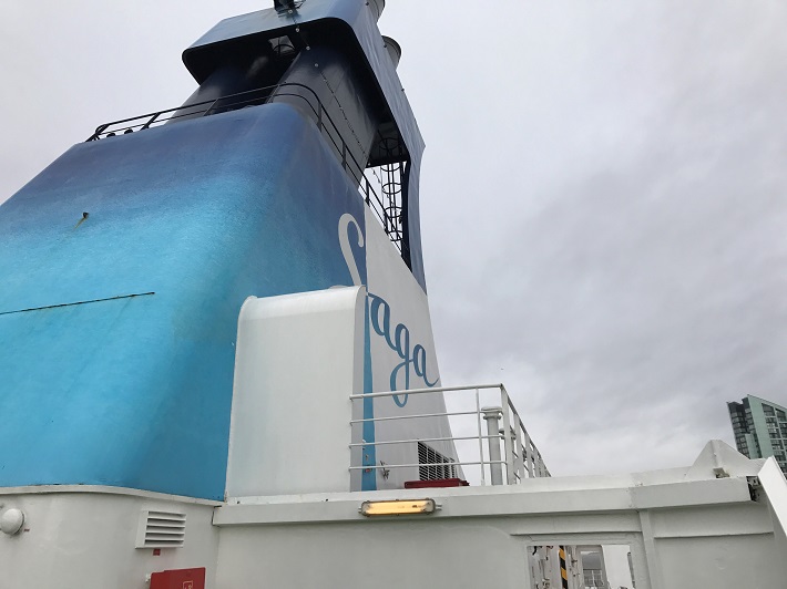 The branded tower on a Saga cruises ship