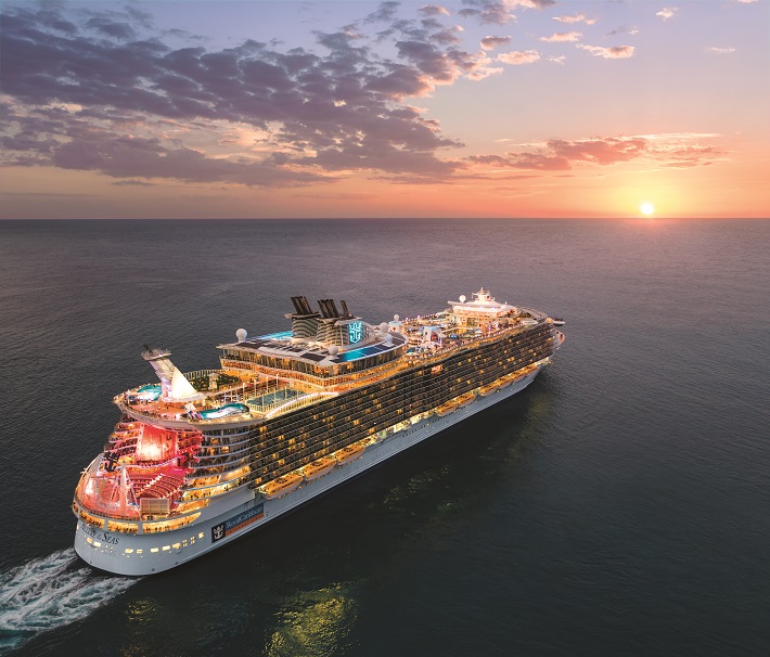 Royal Caribbean cruise ship, Allure of the Seas, sailing into the sunset