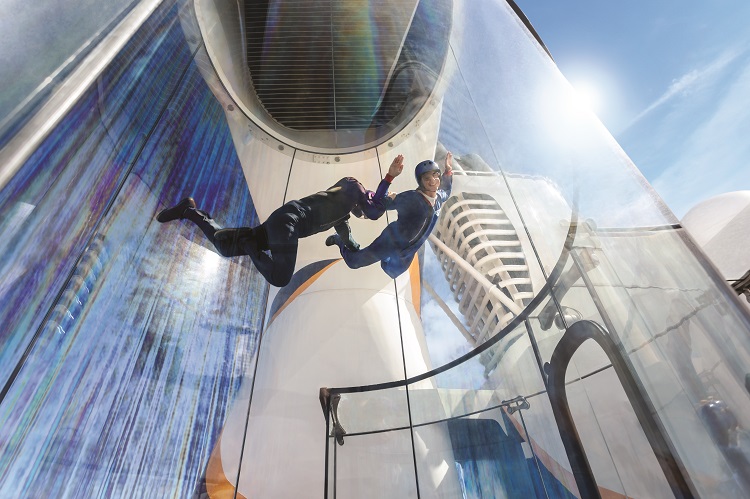 Teenager in the skydiving simulator on-board a Royal Caribbean cruise ship