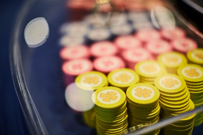 Colourful poker chips on the table of a cruise ship casino