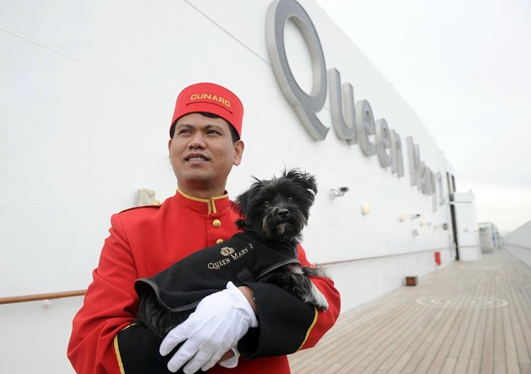 Cunard crew member standing outside the Queen Mary 2 cruise ship and holding a dog