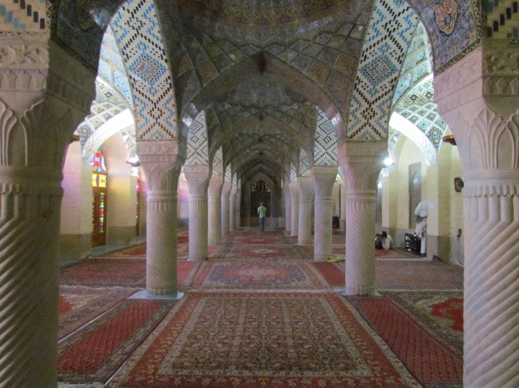Elaborate pillars inside the Nasir Ol Mulk Mosque in Iran