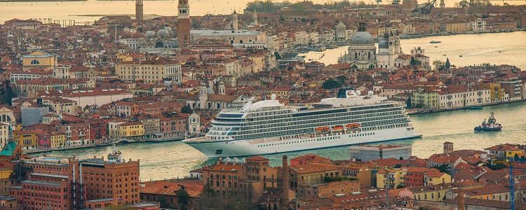 A Viking Ocean cruise ship sailing into Venice