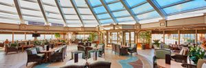 The bright and elegant Garden Lounge on-board Cunard Queen Elizabeth