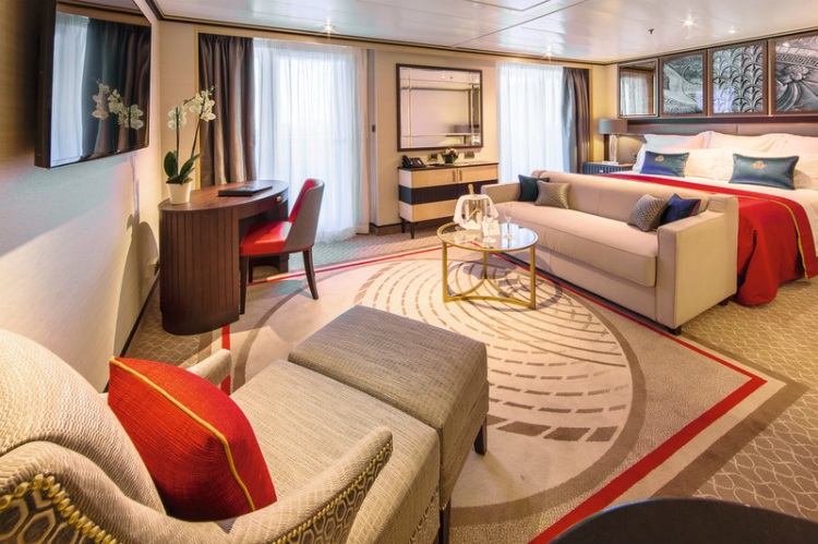 An elegantly decorated Queen's Suite on-board Cunard's Queen Mary 2