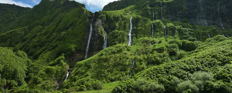 Waterfalls cascading down lush cliffs in the Azores